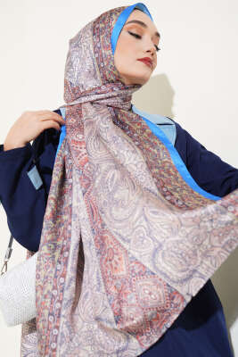 Floral Desen İpeksi Şal Mavi - Thumbnail