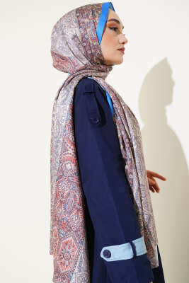 Floral Desen İpeksi Şal Mavi - Thumbnail