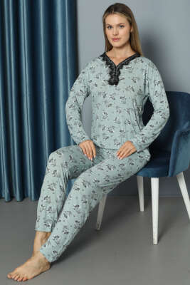 V Yaka Desenli Dantelli Pijama Takımı Çağla Yeşili - Thumbnail