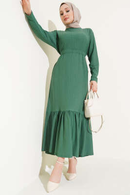 Pazarium - Bürümcüklü Kuşaklı Kat Elbise Yeşil