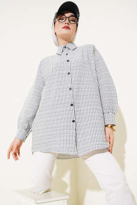 Pazarium - Çizgili Gofre Gömlek Siyah