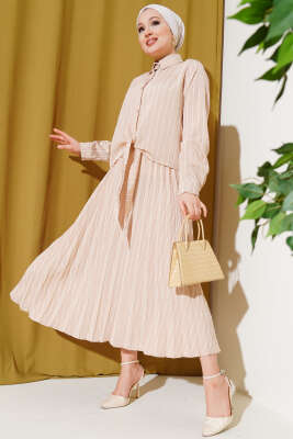 Pazarium - Önü Bağlamalı Çizgili Etekli Takım Bej