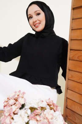 Pazarium - Fırfırlı Keten Bluz Siyah