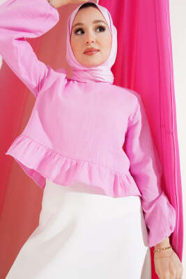 Fırfırlı Keten Bluz Pembe - Thumbnail