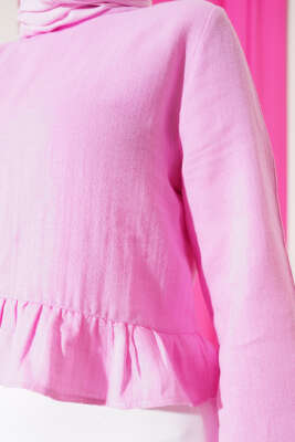 Fırfırlı Keten Bluz Pembe - Thumbnail