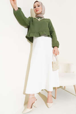 Fırfırlı Keten Bluz Haki - Thumbnail