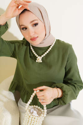 Fırfırlı Keten Bluz Haki - Thumbnail