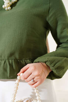 Fırfırlı Keten Bluz Haki - Thumbnail