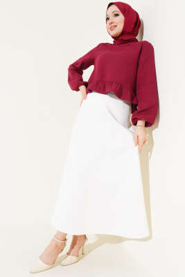 Fırfırlı Keten Bluz Bordo - Thumbnail