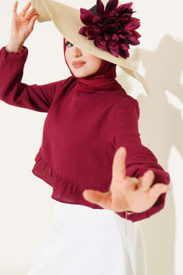 Fırfırlı Keten Bluz Bordo - Thumbnail