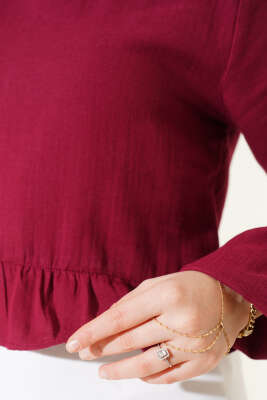 Fırfırlı Keten Bluz Bordo - Thumbnail