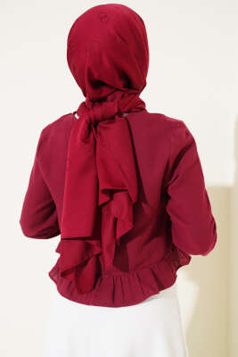 Fırfırlı Keten Bluz Bordo - Thumbnail