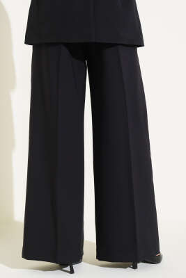 Düğmeli Pileli Geniş Paça Pantolon Siyah - Thumbnail