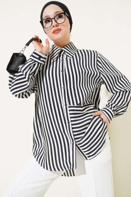 Pazarium - Asimetrik Çizgili Düğmeli Gömlek Siyah