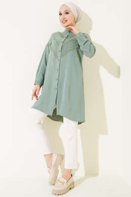 Dantel Süslemeli Hakim Yaka Gömlek Çağla Yeşili - Thumbnail