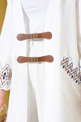 Kemer Bağlamalı Nakışlı Kimono Beyaz - Thumbnail