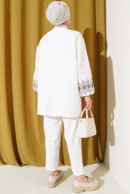 Kemer Bağlamalı Nakışlı Kimono Beyaz - Thumbnail