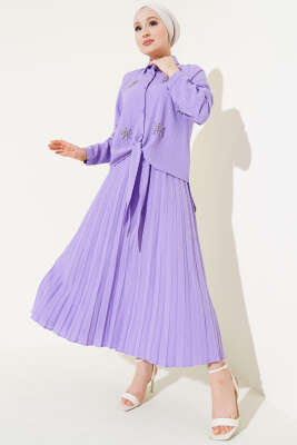 Pazarium - Taşlı Önü Bağlamalı Etekli İkili Takım Lila