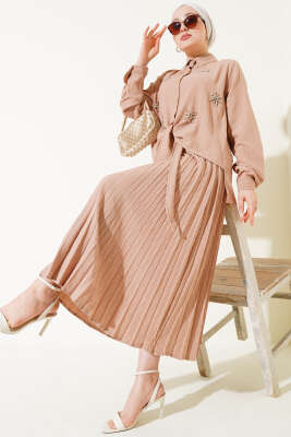 Pazarium - Taşlı Önü Bağlamalı Etekli İkili Takım Latte