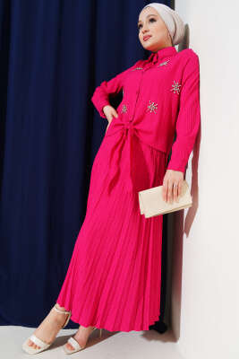 Pazarium - Taşlı Önü Bağlamalı Etekli İkili Takım Fuşya