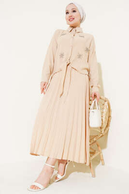 Pazarium - Taşlı Önü Bağlamalı Etekli İkili Takım Bej