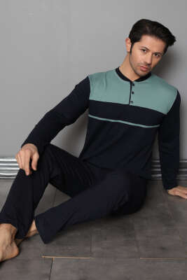 Pazarium - Yaka Düğmeli Çift Renk Erkek Pijama Takımı Lacivert Yeşil