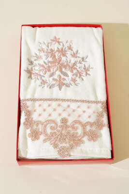 Nakış İşlemeli Kutulu El Yüz Havlusu Pudra - Thumbnail