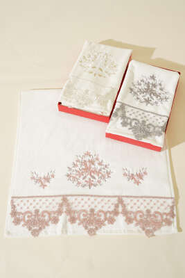 Nakış İşlemeli Kutulu El Yüz Havlusu Pudra - Thumbnail