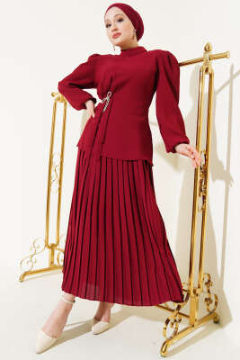 Pazarium - Pilise Etekli Tunik İkili Takım Bordo