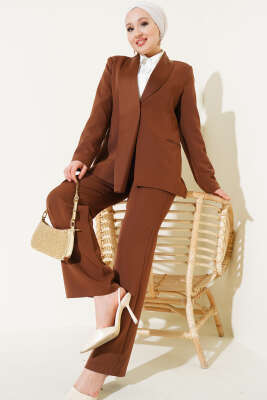 Pazarium - Saten Garnili Ceket İkili Takım Kahve