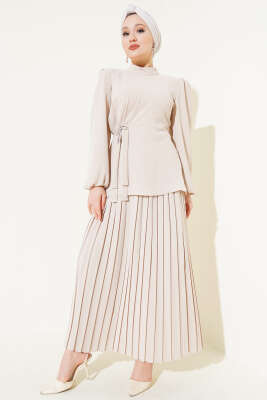 Pazarium - Pilise Etekli Tunik İkili Takım Bej