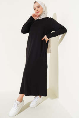 Pazarium - Bisiklet Yaka Penye Elbise Siyah