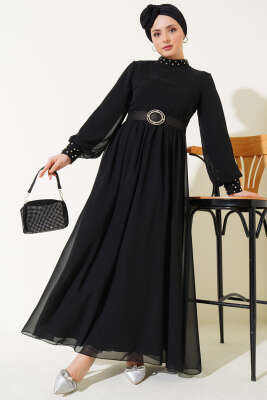 Pazarium - Taş Detaylı Kemerli Şifon Elbise Siyah