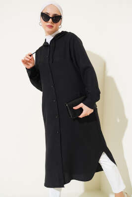 Pazarium - Kapüşonlu Düğmeli Uzun Kap Siyah