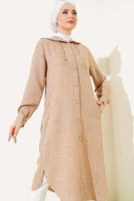 Pazarium - Kapüşonlu Düğmeli Uzun Kap Bej