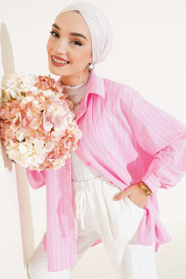 Linda Çizgili Oversize Gömlek Pembe - Thumbnail