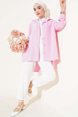 Linda Çizgili Oversize Gömlek Pembe - Thumbnail