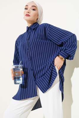 Linda Çizgili Oversize Gömlek Lacivert - Thumbnail