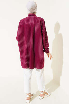 Linda Çizgili Oversize Gömlek Burgonya - Thumbnail