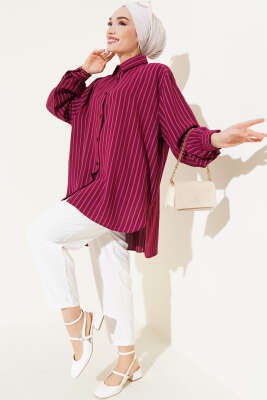 Linda Çizgili Oversize Gömlek Burgonya - Thumbnail