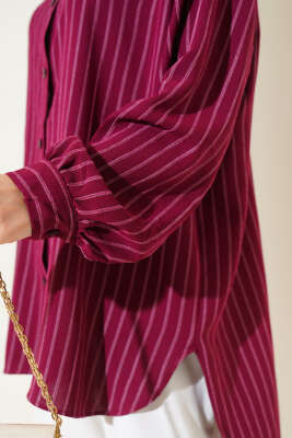 Linda Çizgili Oversize Gömlek Burgonya - Thumbnail