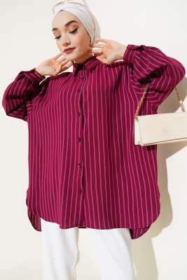 Pazarium - Linda Çizgili Oversize Gömlek Burgonya