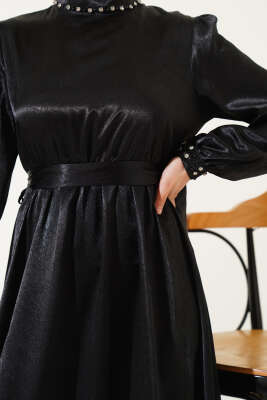 Taş Süslemeli Kuşaklı Jakar Elbise Siyah - Thumbnail