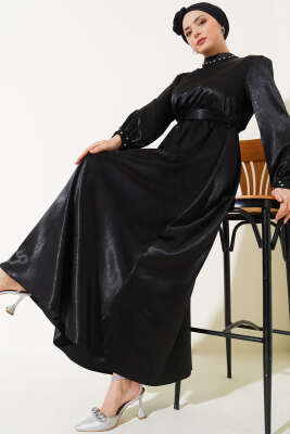 Taş Süslemeli Kuşaklı Jakar Elbise Siyah - Thumbnail