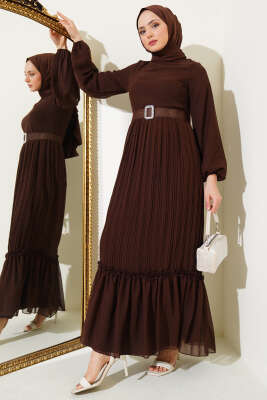 Piliseli Fırfırlı Kuşaklı Şifon Elbise Kahve - Thumbnail
