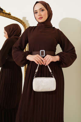 Piliseli Fırfırlı Kuşaklı Şifon Elbise Kahve - Thumbnail