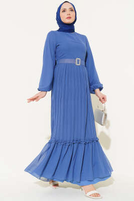 Piliseli Fırfırlı Kuşaklı Şifon Elbise İndigo - Thumbnail