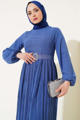 Piliseli Fırfırlı Kuşaklı Şifon Elbise İndigo - Thumbnail