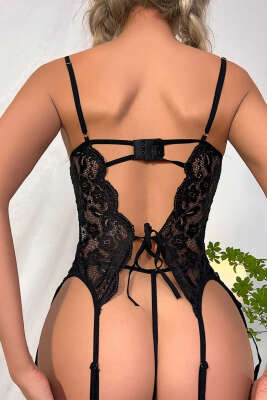 Dantelli İp Bağcıklı Fantezi İç Giyim Siyah - Thumbnail