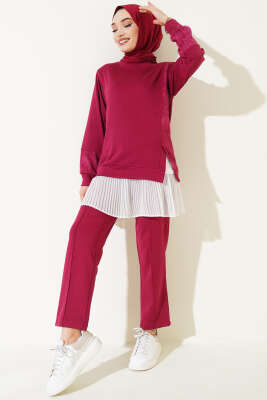 Pazarium - Batik Detaylı İkili Takım Bordo